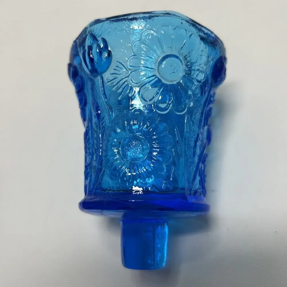 MCM Blue Glass Pegged Cup Votive Sconce Candle Holder Floral Daisy Tulip